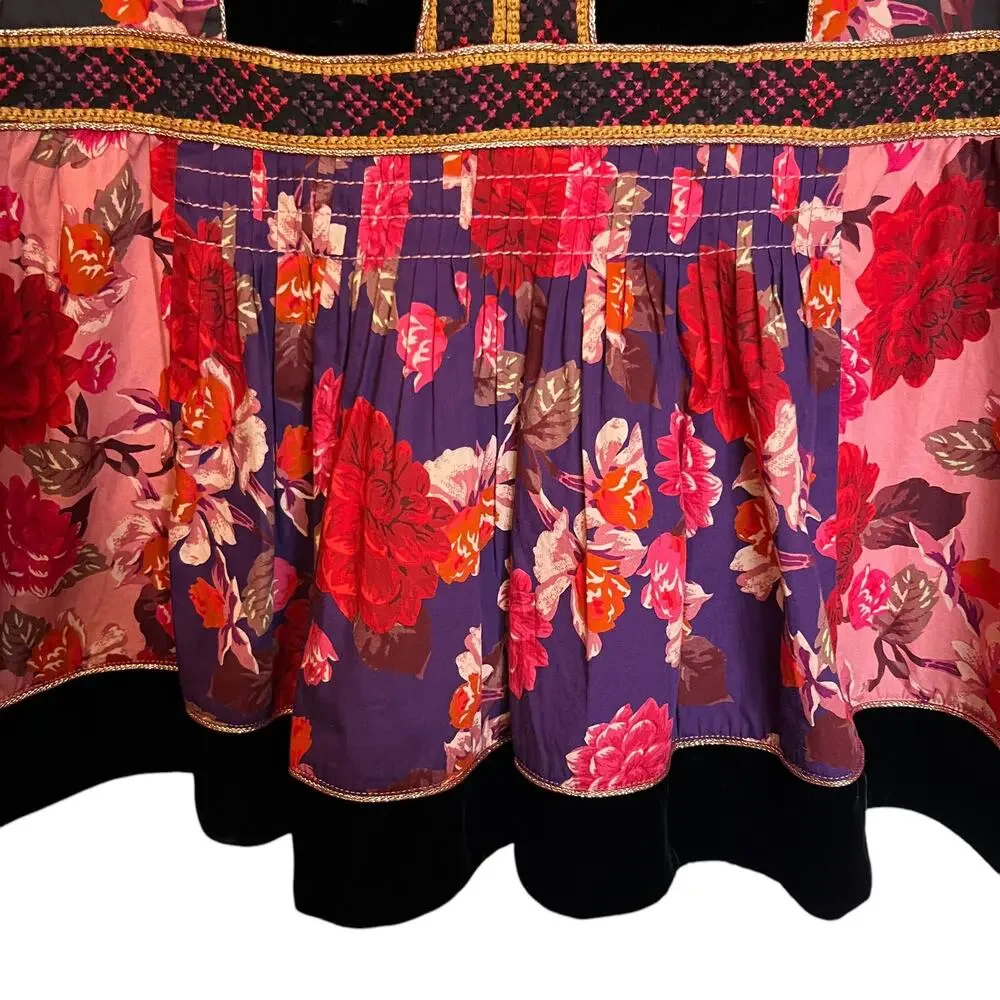 Johnny Was Jade Kimmy Smocked Floral-Print Peasant Top Embroidered Velvet Trim L